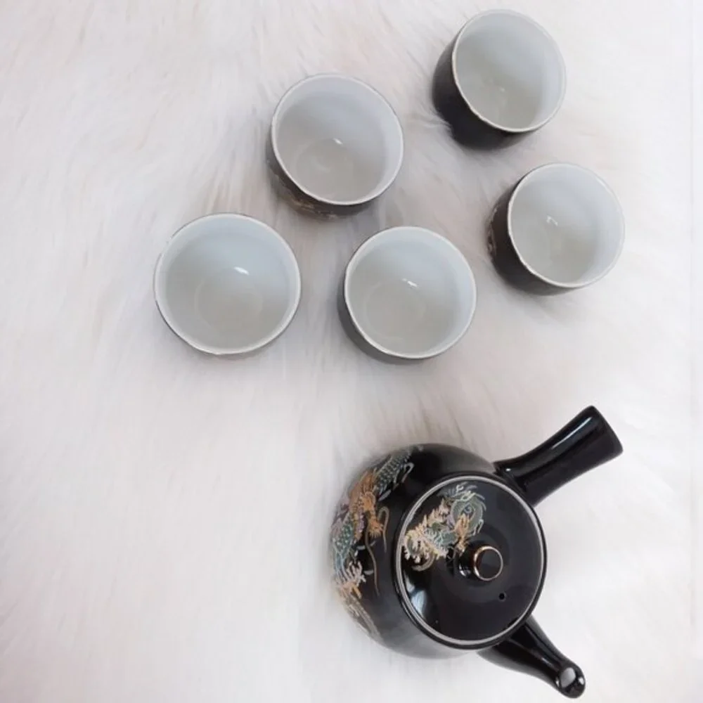 Side Handled 6 Piece Sake Tea Set Black Gold
